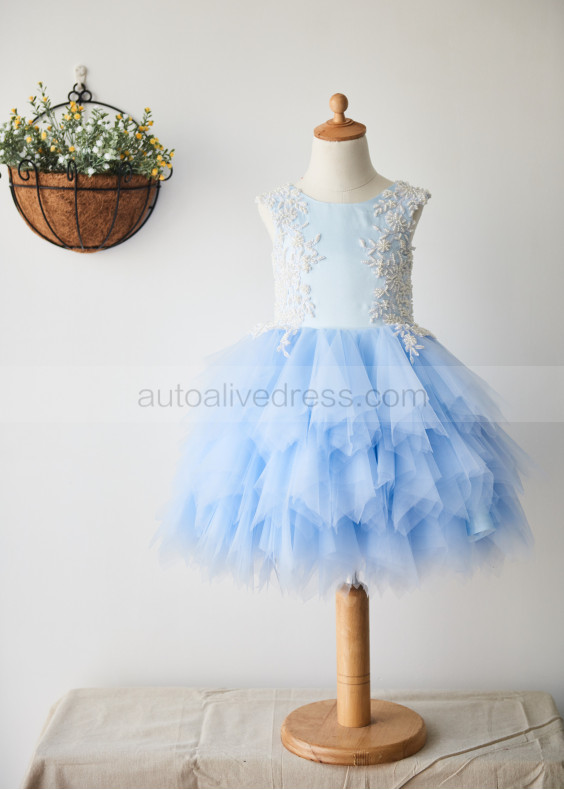 Blue Ruffle Tulle Pearl Embellished Wedding Flower Girl Dress